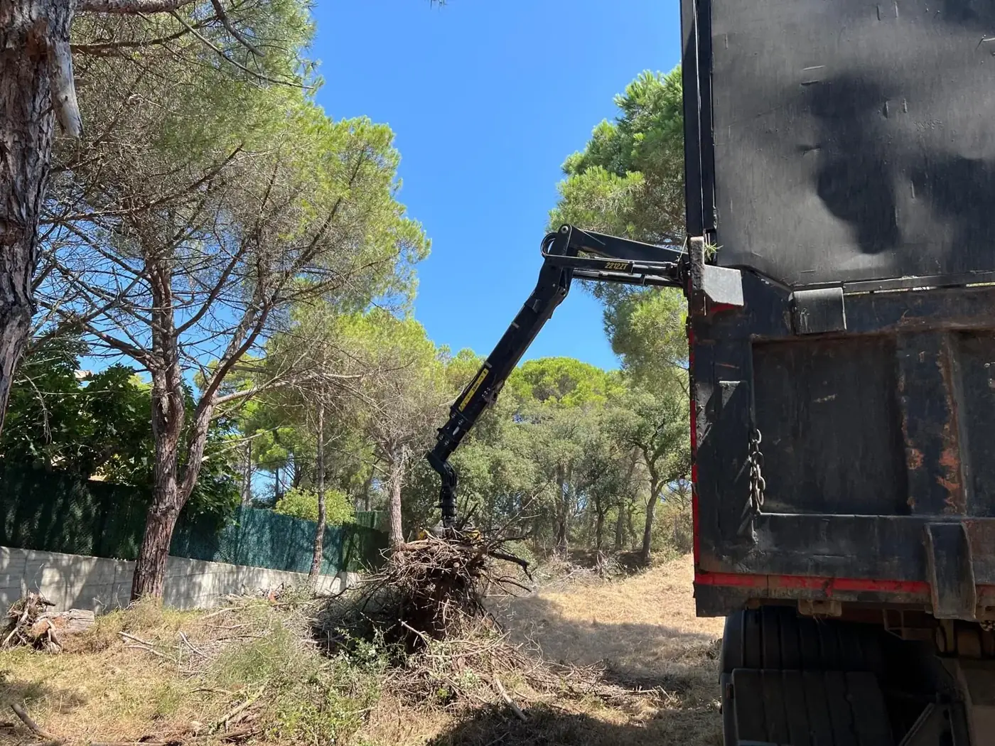 Camión con brazo pulpo cargando restos vegetales en una parcela de Sant Antoni de Calonge