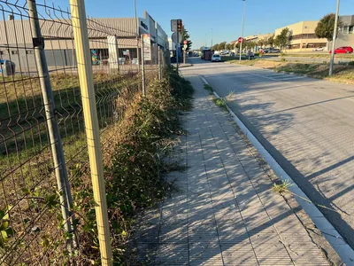 Vegetación junto a la valla y sobre el borde de la acera industrial en Sant Celoni